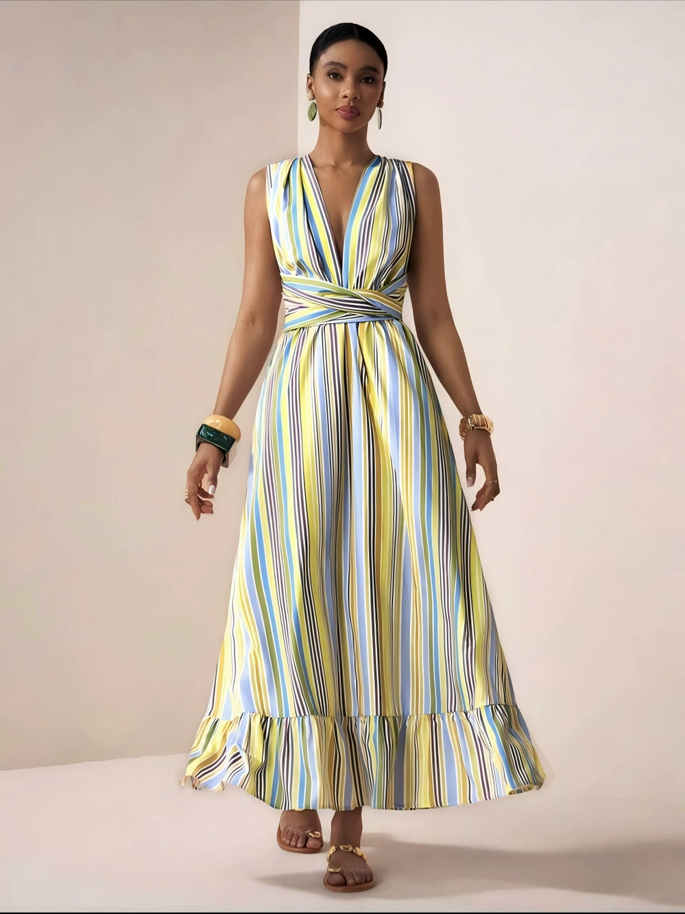 ZARA Spring Summer Casual Striped Sleeveless Halter Dress for Women